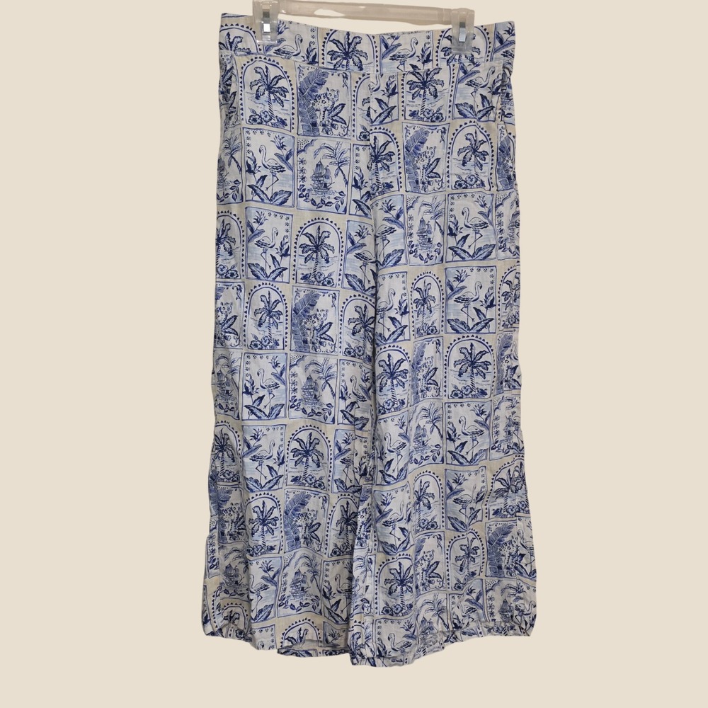 C&C California Womens Linen Wide Leg Pants Large Blue Cropped Tropical Toile